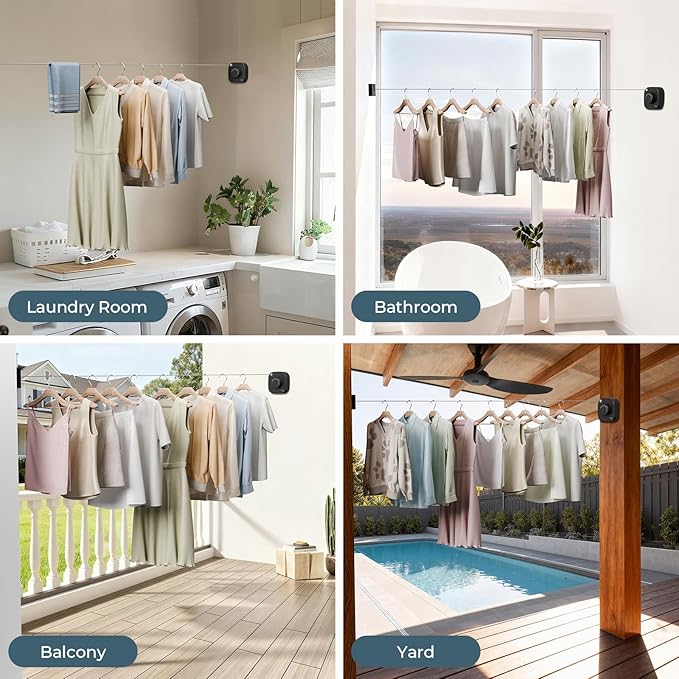 FORIOUS Retractable Clothesline Indoor, 13.8 Ft Non-Sagging Outdoor Clothes Line, Rustproof All Stainless Steel Heavy Duty Clothes Drying Laundry Line, Screw Wall Mounted for Bathroom, Matte Black