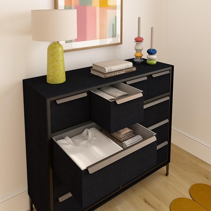 Naima Premium Fabric Dresser - Strong Metal Frame, 10 Spacious Sag-Proof Drawers with Sleek Metal Handles - Premium & Durable Storage Solution for Your Home (Black)