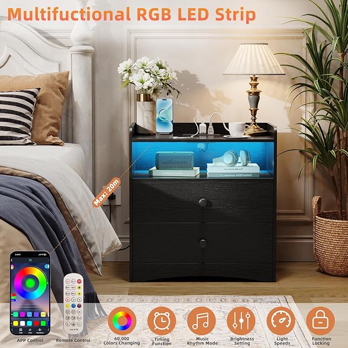 Nightstand with Charging Station and LED Light,Modern Nightstand with USB Ports and Outlets,Wooden Bedside Tables with 2 Storage Drawers,Small Dresser for Bedroom Small Space,Black