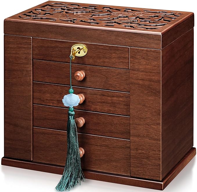 wooden Jewelry Box and Organizer - 8-Layer Lockable Wooden Jewelry Boxes for Women - Large Jewelry Boxes and Organizer with Key,Gift for Wife,dresser top jewelry box with lock