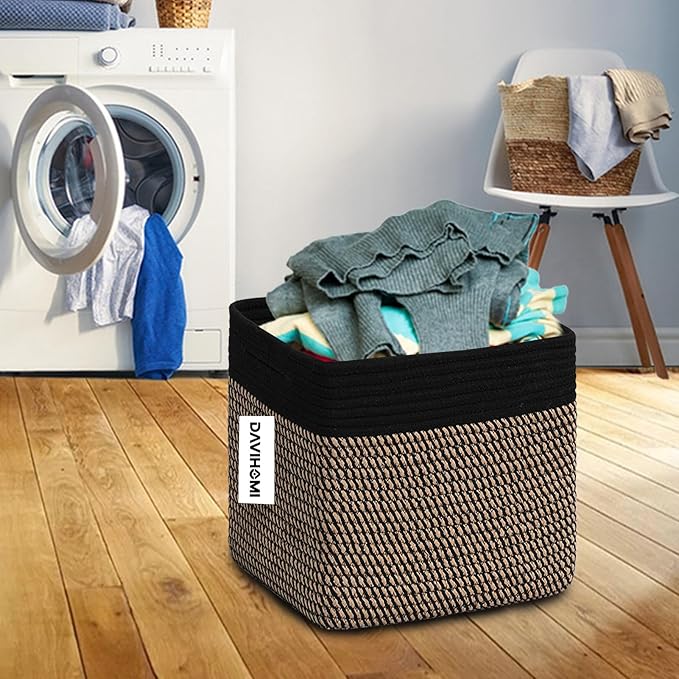 Cube Storage Bins 11 Inch Cotton Rope Woven Storage Basket for Organizing 3 Pack | Storage Cubes for Organization and Storage | Square Cube Organizer | Closet Toy Bin（Black Jute）