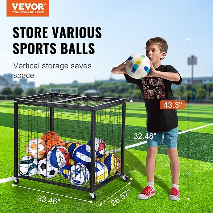 VEVOR Rolling Sports Ball Storage Cart, Lockable Basketball Cage with Double Lids, Sport Equipment Holder Organizer for Indoor Outdoor, Steel Storage Rack for Garages, Playgroup, Gym and Schools