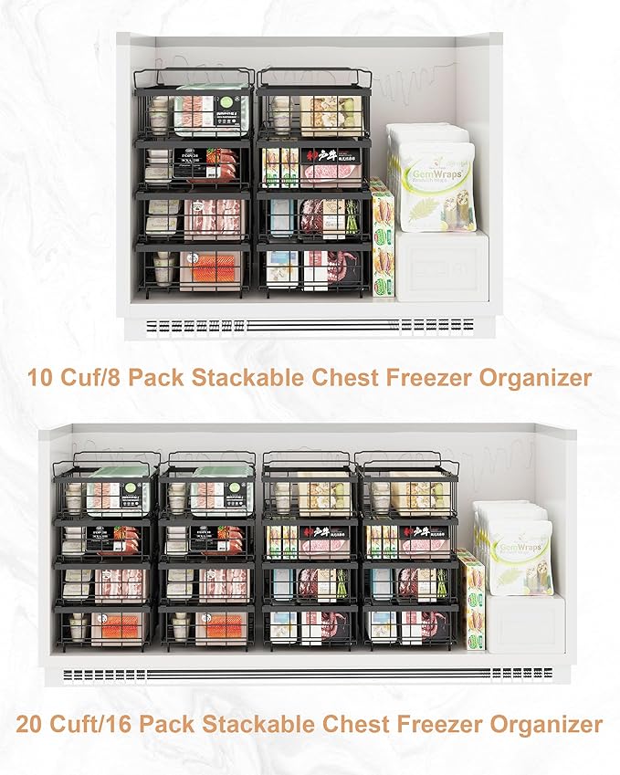 UMDONX 4 Pack Expandable Freezer Organizer Bins Large Freezer organizer Bins Stackable 11.4" Expand to 17.9", Fit 10 to 20 Cu.FT Black