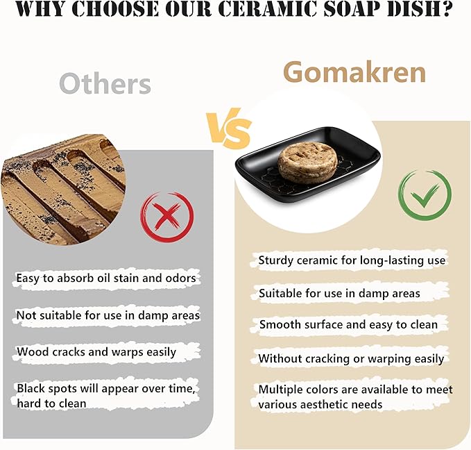 Gomakren Soap Dish for Shower, Bar Soap Holder, Ceramic Soap Dishes for Bar Soap, Christmas Sponge Holder Soap Saver Soap Tray for Bathroom Kitchen Sink, 5.5 Inch, Black