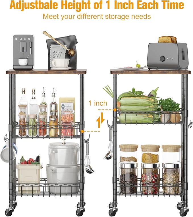 Homeiju Rolling Kitchen Storage Cart, 3-Tier Storage Rack on Caster Wheels with Adjustable 2 Baskets, Coffee Station Cart Rack Shelf Organizer for Living Room Office, Balcony, Rustic Brown/Black