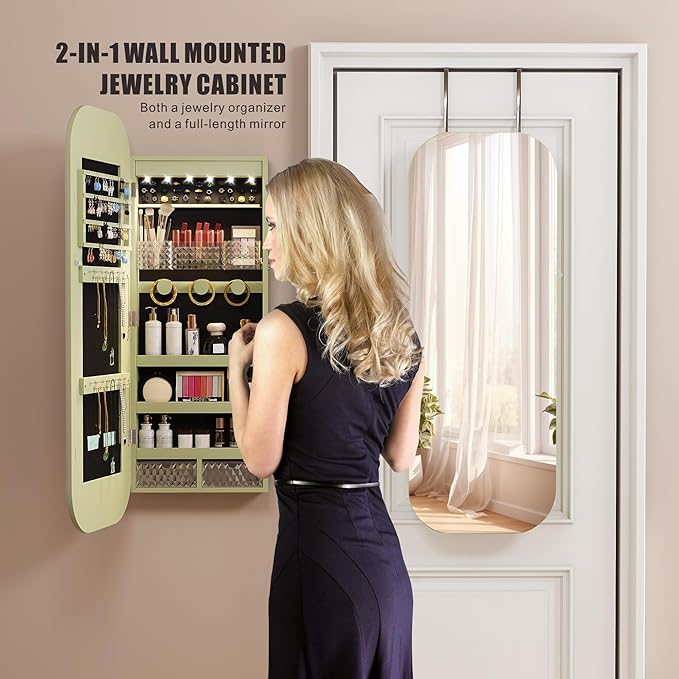 6 LED Mirror Jewelry Cabinet - Wall/Door Mounted Jewelry Armoire with Large Capacity - Lockable Tall Hanging Organizer - Cosmetic Storage & Gift Idea - Green