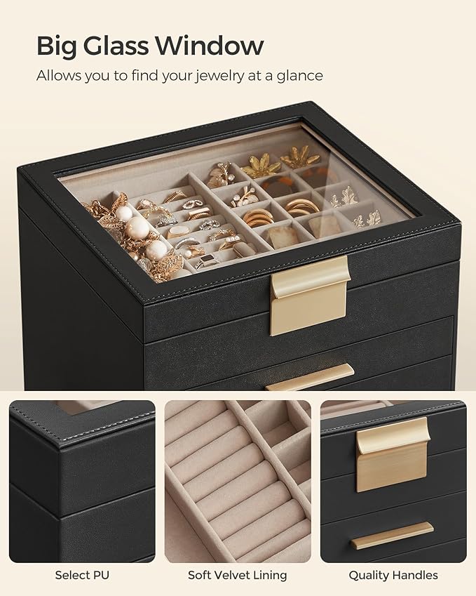 SONGMICS Jewelry Box Organizer with Glass Lid, 6-Layer Jewelry Storage, with 5 Drawers, Modern Style, Christmas Gift, 8 x 9.1 x 9 Inches, Graphite Black and Gold Color UJBC176B01
