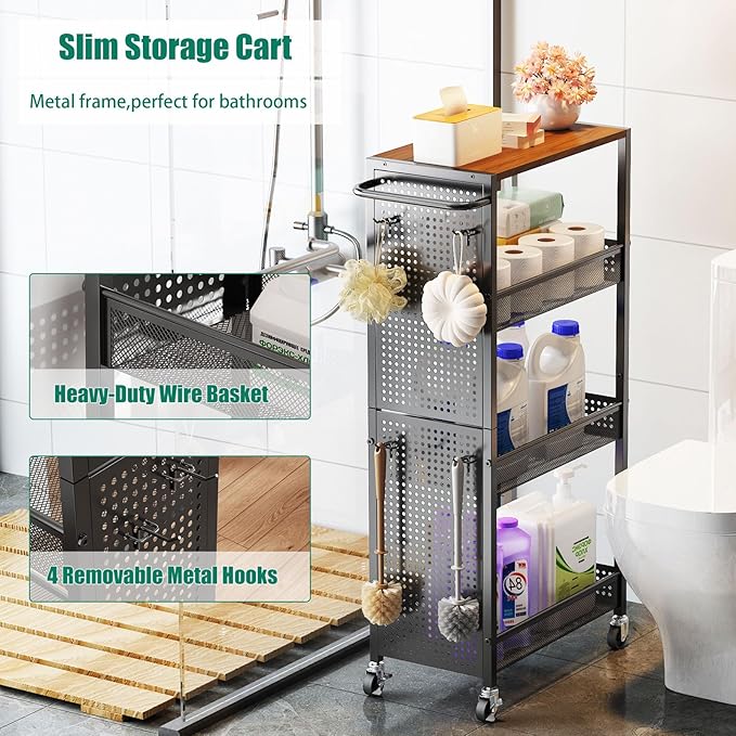 4-Tier Slim Storage Cart with Wheels,Small Mobile Organizer Shelf with Wooden Top & Metal Handle for Kitchen, Laundry Room, Bathroom, Office (Black, 9.1 inch)