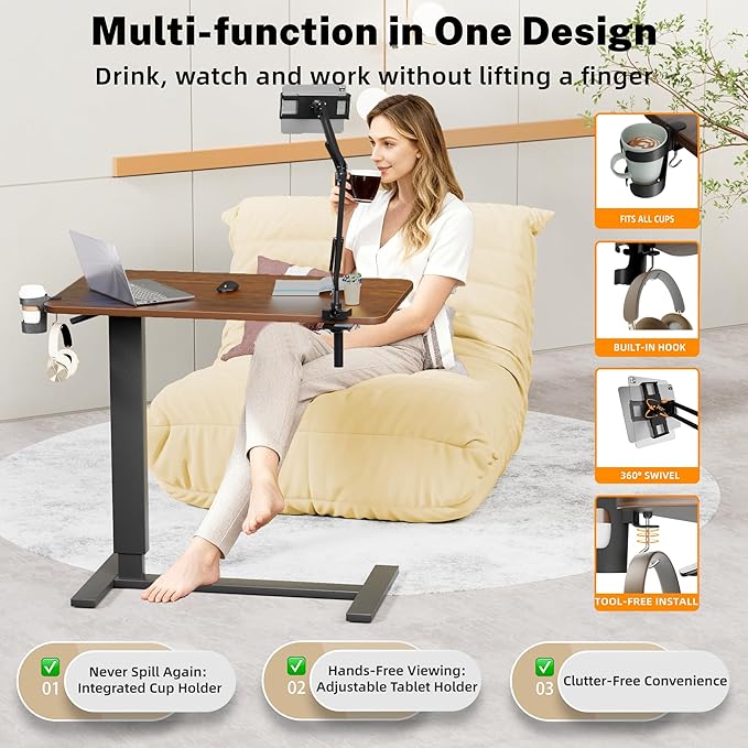 Adjustable Overbed Bedside Table with Wheels(31.2" W), Hospital Bed Table Over The Bed, Mobile Standing Desk Rolling Computer Cart, Laptop Desk with Cup Holder, Phone & Tablet Holder