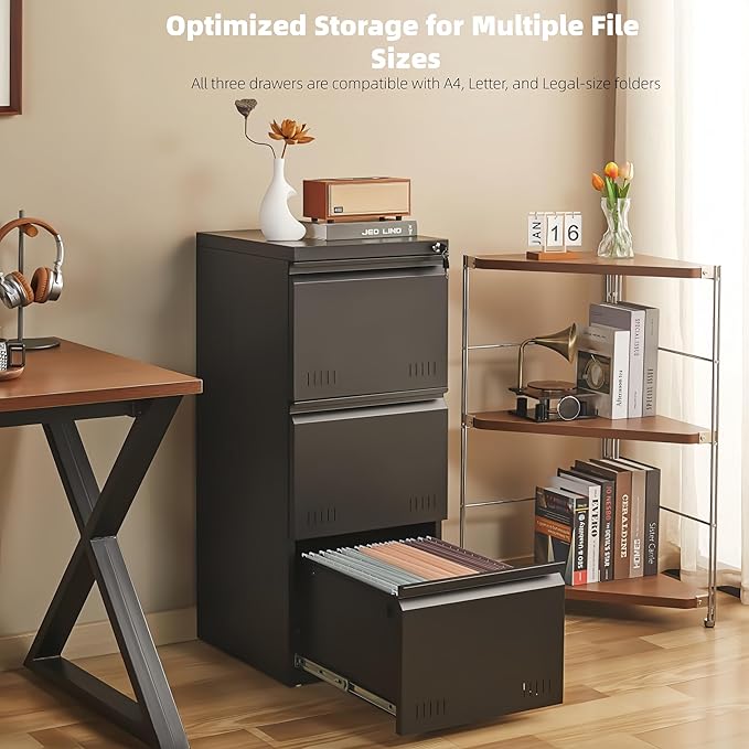 Metal File Cabinet with Lock, Vertical 3 Drawer File Cabinets for Home Office, Heavy Duty Office Storage Cabinet for A4/Letter/Legal Size, Assembly Required(Black)