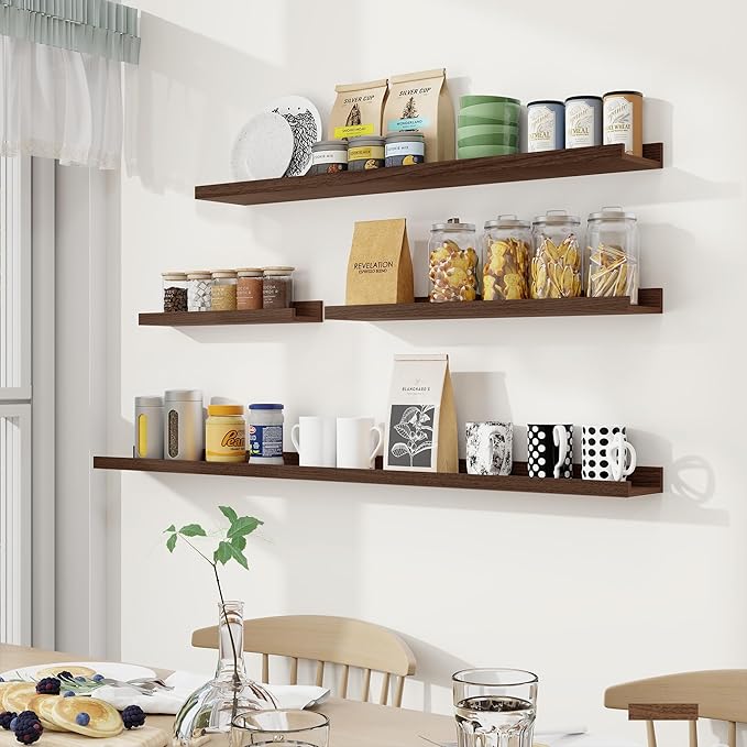 Fun Memories Picture Ledge Shelf, 24 Inch Long Floating Shelves Set of 6, Picture Shelf for Wall with Lip, Large Nursery Book Shelves for Storage, Wall Shelves for Living Room Bedroom Kitchen, Walnut