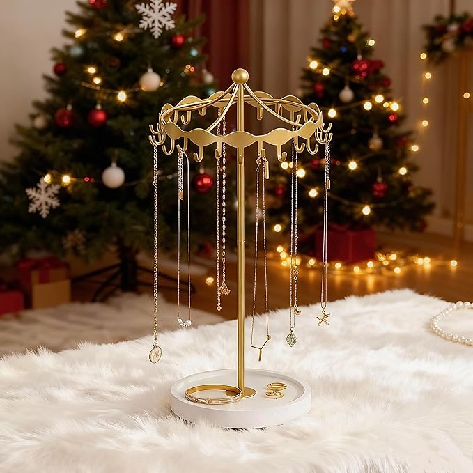 Lolalet Rotating Necklace Holder Stand with Metal Hooks, Spinning Display Carousels, Freestanding Organizer Hanger, for Long Necklaces Chains -Gold