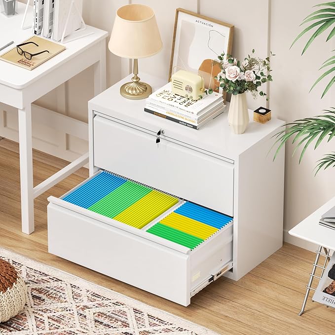 Bonusall Lateral File Cabinet with Lock, 2 Drawer Locking Lateral Filing Cabinet for Legal/Letter Size, Metal Horizontal File Organizer with Hanging Rack for Home Office, Heavy Duty, White