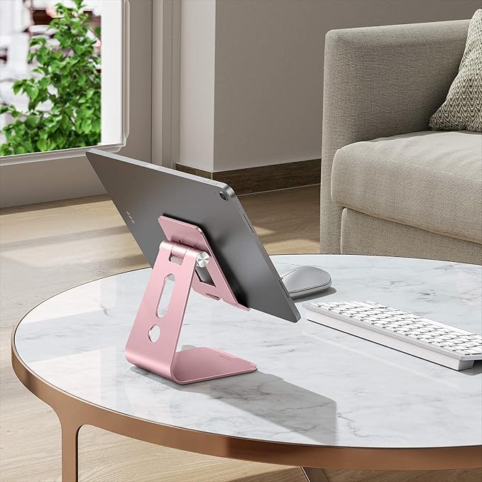 OMOTON Adjustable Tablet Stand for Desk, Upgraded Longer Arms for Greater Stability, T2 Tablet Holder with Hollow Design for Bigger Sized Phones and Tablets Such as iPad Pro/Air/Mini, Rose Gold