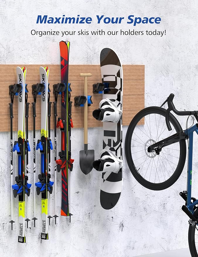 Ski & Snowboard Wall Rack, Ski Wall Mount & Ski Rack Wall Mount for Garage Space-Saving, Winter Gear Organizer, Fits Any Ski or Snowboard, Nonslip Ski Holders, Garage Organization, 1 Pack