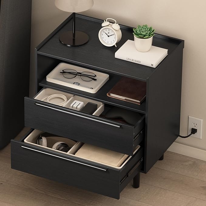 Set of 2 Modern Black Nightstands with Hidden Charging Station, USB Ports, Cable Hole, Tray Top & 2 Drawers – 24" Bedside Tables for Bedroom, Apartment