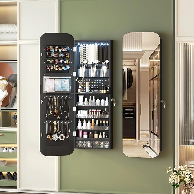 Vlsrka 47.2" LED Mirror Jewelry Cabinet, Wall/Door Mounted Full Length Mirror with Storage, Lockable Jewelry Armoire with Mirror, Rounded Corner Hanging Mirror Jewelry Organizer, Black