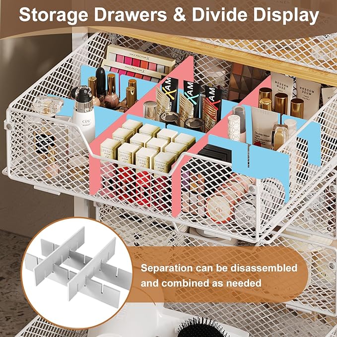 5-Tier Craft Organizer Cart with Wheels,Craft Organizers and Storage with Drawers,Lockable Wheels Rolling Utility Cart with DIY Divider,Office Supply Organizer,Ideal for Studio,Office,Bedroom,White