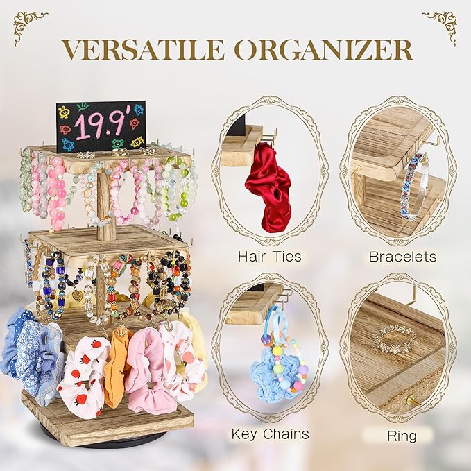 LadyRosian 3-Tier Wooden Rotating Jewelry Display Stand | Bracelet & Keychain Organizer with Advertising Board | 48 Hooks Rustic Holder for Vendor Booth & Stores (3-Tier Square Slot Display)