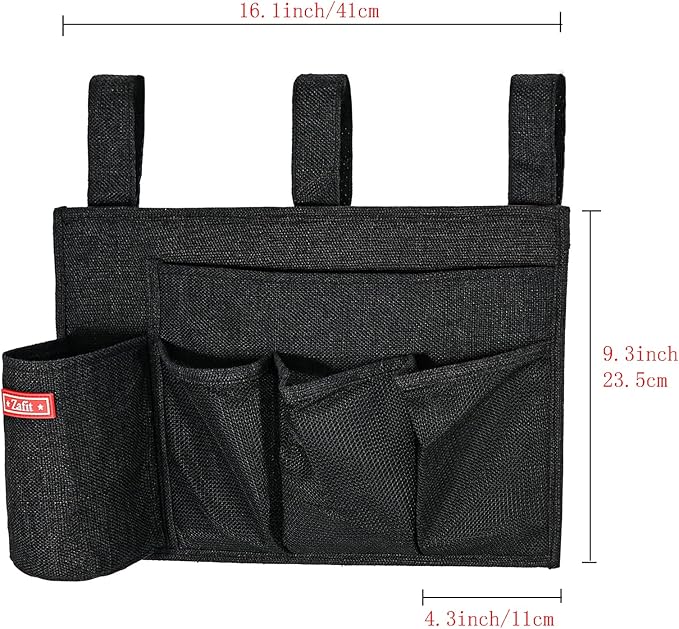 Linen Bedside Caddy, Bedside Storage Organizer for Hospital Beds, College Dorm Rooms or Baby Bed (5 Pockets-Black)
