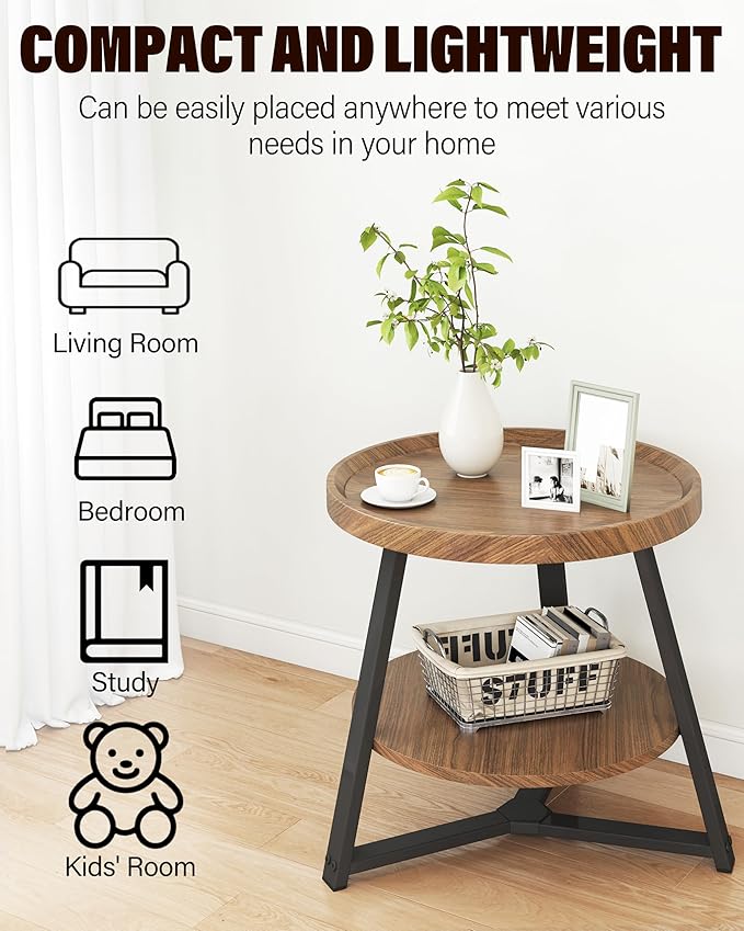 Small Round End Table, 2-Tier Side Table with Storage, Small Round Coffee Table for Living Room, 20'' Living Room Furniture with Sturdy Steel Frame (Brown)