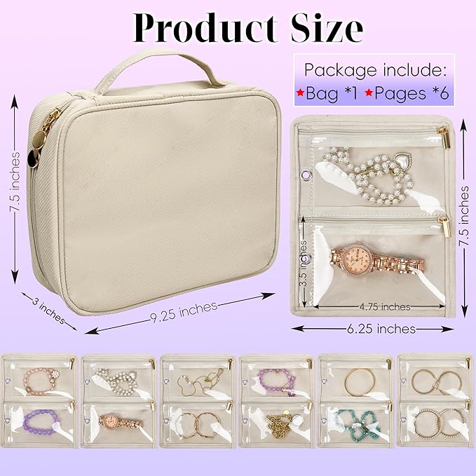 Travel Jewelry Organizer Case,Jewelry Bags for Traveling, Jewelry Binder with 24 Pcs Clear Zipper Velvet Pouches for Storing Earrings, Rings, Necklace, Bracelet, Watch (Beige)