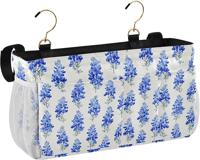 Watercolor Bluebonnets Bedside Caddy for Dorm Bed Bedside Hanging Caddy Bag Iron Frame Storage Organizer Pocket for Bunk Home College Hospital Beds 2 Hooks