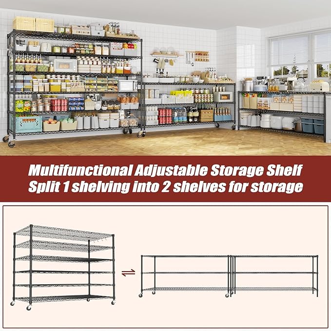 PrimeZone 6 Tier 80.7" H x 55.5" W x 24" D Wire Shelving with Wheels 3600lbs NSF Certified Storage Shelves Heavy Duty Metal Shelf Adjustable Rolling Rack Commercial Garage Restaurant Warehouse 6Pack