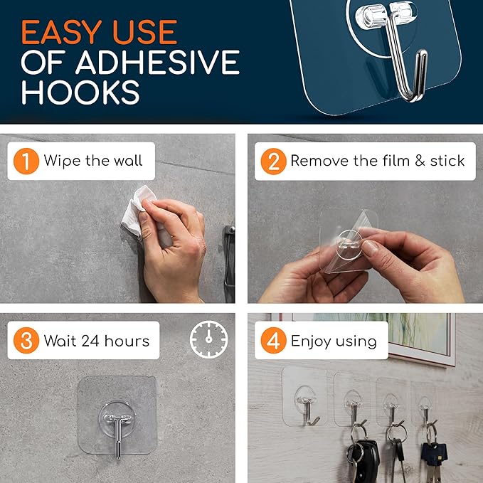 GLUIT Adhesive Wall Hooks for Hanging Heavy Duty 22 lbs Hooks for Walls No Damage, Towel Sticky Clear Hook, Waterproof, Home, Bathroom, Kitchen, Office, and Outdoor 6 Pack