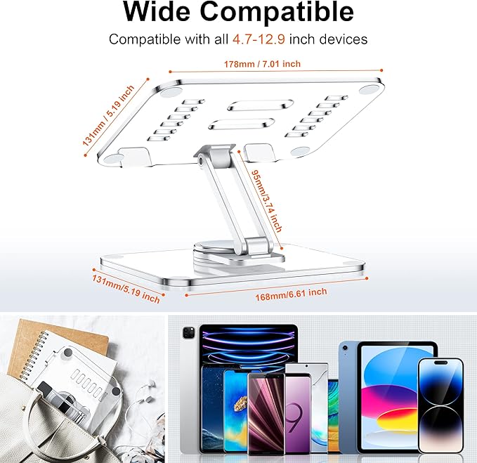 CreaDream Acrylic Tablet Stand Holder with 360 Rotating Base, Foldable Adjustable Transparent Tablet Holder for Desk Home Office, Compatible with iPad Pro Air Mini and More, Clear