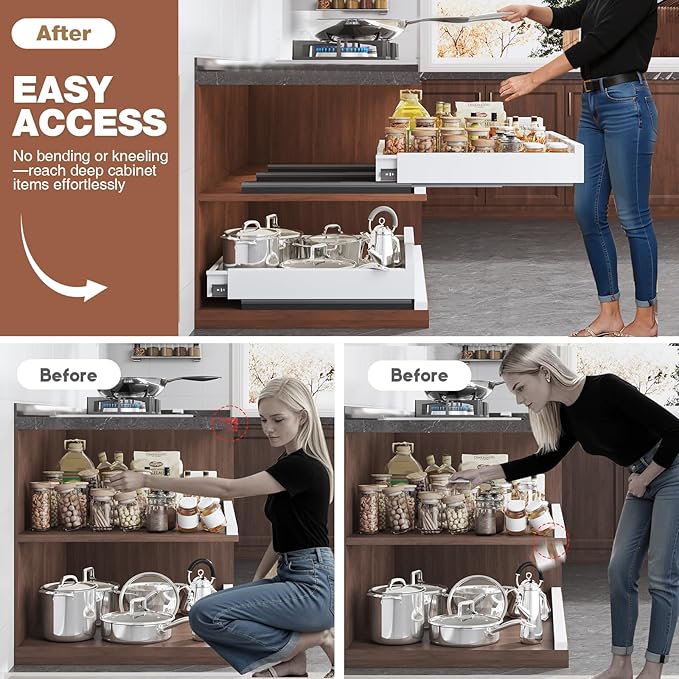 1 Pack Pull Out Cabinet Organizer Expandable Width(11"-16") and Depth(13"-17"),Slide Out Drawers With Raising Pad for Framed Cabinets,No Drill Roll Out Shelves for kitchen,Bathroom,White