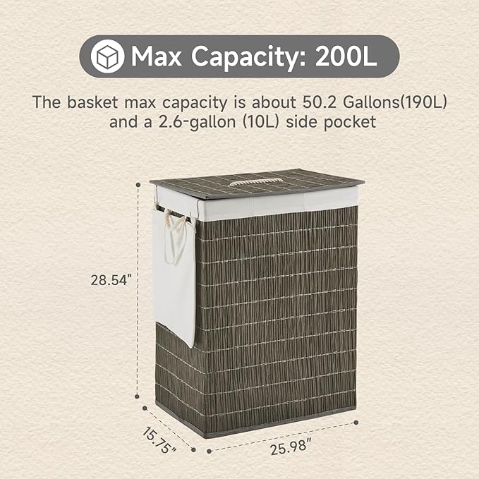 Laundry Hamper with Lid, 52.8 Gallon(200L) Large Laundry Basket 2 Removable Liner Bags, Synthetic Rattan Clothes Hamper with Side Pocket, laundry organization for bathroom, laundry room, Grey