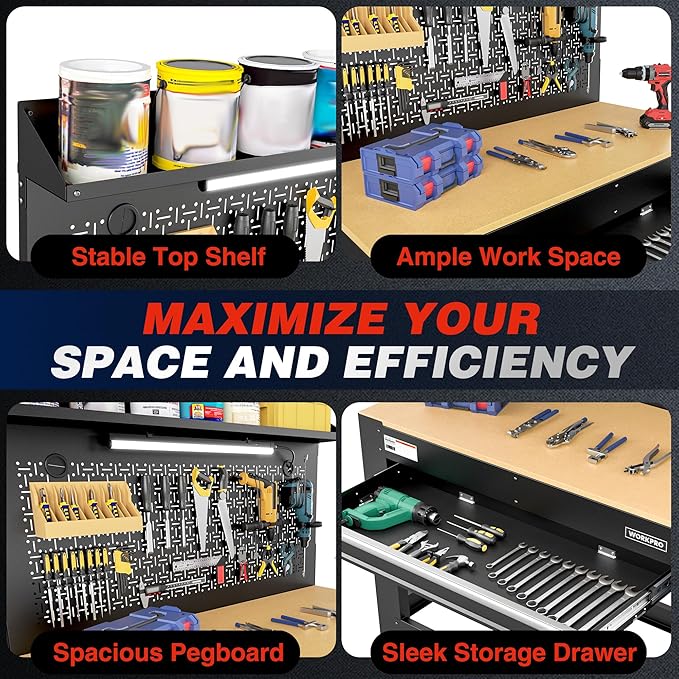 WORKPRO 45" Garage Workbench with Storage, Heavy-Duty Workbench with Pegboard, Power Outlets and Light, 800 LBS Work Bench for Garage, Warehouse, Workshop