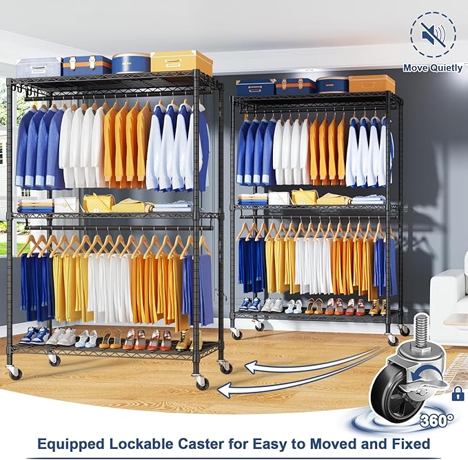 P8 Heavy Duty Clothes Rack（With Extended Width Design） Rolling Clothing Racks for Hanging Clothes，Portable Garment Rack with Lockable Wheels，51.2" W x 15.8" D x 80.5" H，Max Load 700LBS，Black