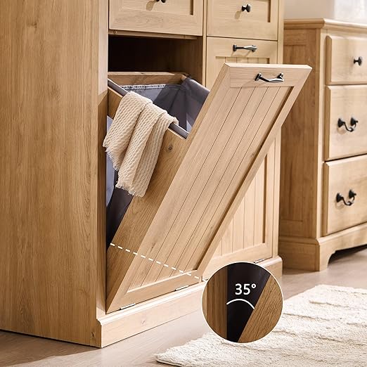 Double Tilt Out Trash Cabinet, 20 Gallon Farmhouse Laundry Hamper Cabinet with 2 Drawers, Hidden Wooden Trash Can Cabinets with Storage Basket for Kitchen, Living Room (Natural)