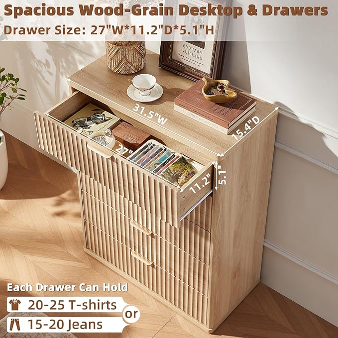 LEYAOYAO Fluted 5 Drawers Dresser for Bedroom Set of 2, 41" Tall Modern Chest of Drawers with Metal Handle, Curved Profile Design,Natural Wood Drawer Organizer for Bedroom, Living Room, Hallway