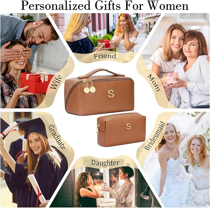 Birthday Gifts for Women Teen Girl, Personalized Initial Makeup Organizer Bag Set, Open Flat Travel Cosmetic Bag With Clear Divider and Handle(Brown,S)
