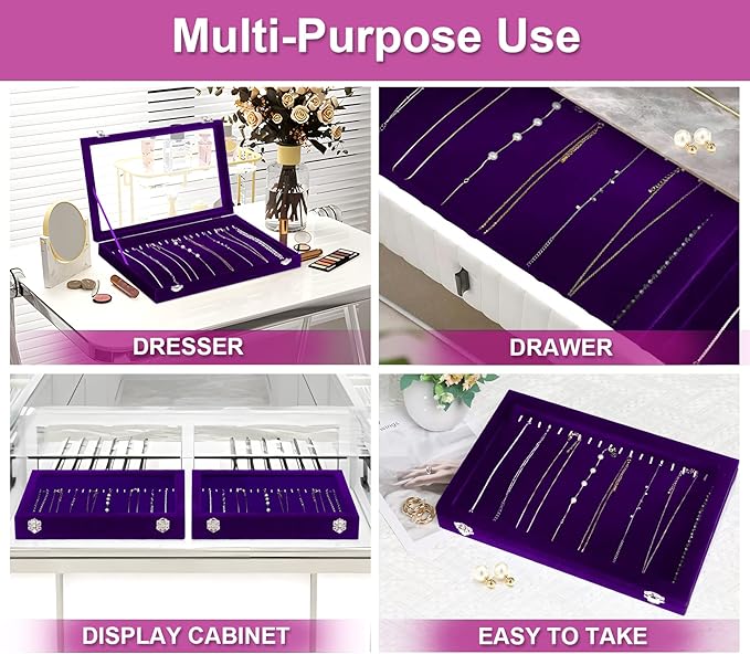 Jenseits Necklace Holder Jewelry Organizer Box, Dustproof Velvet Necklace Tray Jewelry Display With Clear Lid, Preppy Jewelry Holder, Long Necklaces Pendants Organizer, Gifts For Women Girls - Purple