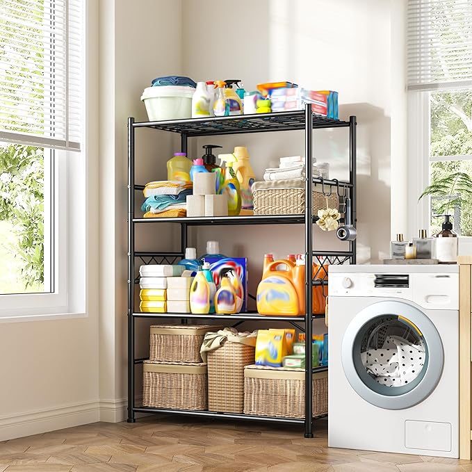 Storage Shelves 4-Tier Large Capacity Metal Shelving with Hooks, Heavy Duty Garage Shelving Unit with Leveling Feet, Stable Metal Shelves for Pantry, Kitchen and Closet,36" W x 12" D x 60" H, Black