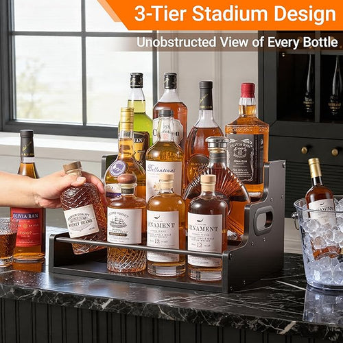 3-Tier Liquor Bottle Display Shelf,Coffee Syrup Rack Organizer,Water Bottle Organizer, Mini Bar Cabinet, Rustic Bar Shelves for for Liquor Whiskey, Spirits（Black）