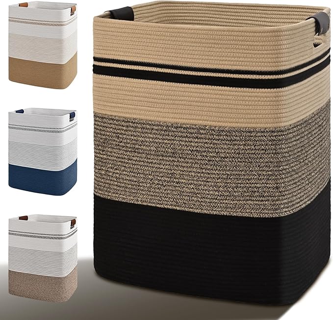 Laundry Hamper, 75L Tall Laundry Basket with Leather Handles, Rectangle Large Clothes Hamper for Organizing, Cotton Woven Laundry Baskets Storage Hampers for Bedroom, Nursery, Living Room