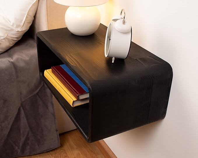 Floating Nightstand Wooden, Bedside Table, Nightstand Shelf, Handmade, Wall Mounted Bedside Shelf, Minimalist and Unique Style (Black)