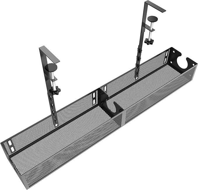 Under Desk Cable Management Tray - No Drill or Screw Mount Option, Heavy Duty Metal Cord Organizer Rack, Power Strip Holder for Office & Home