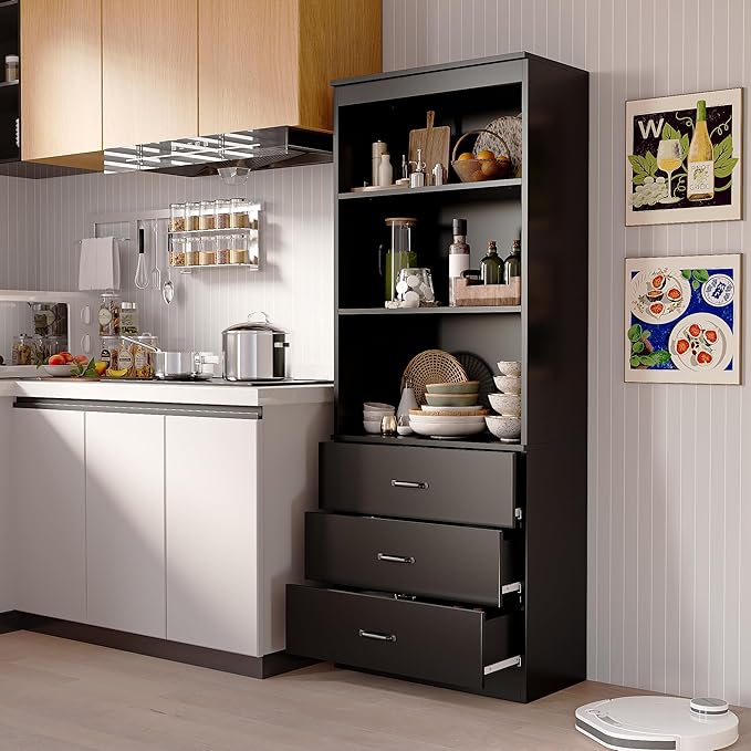oneinmil 70" H 6-Tier Bookshelf with 3 Drawers, White Bookcase with 3-Tier Open Shelves, Tall Book Shelf with Storage Space, Wooden Storage Cabinet for Living Room, Bedroom, Office (Black, 6-Tier)