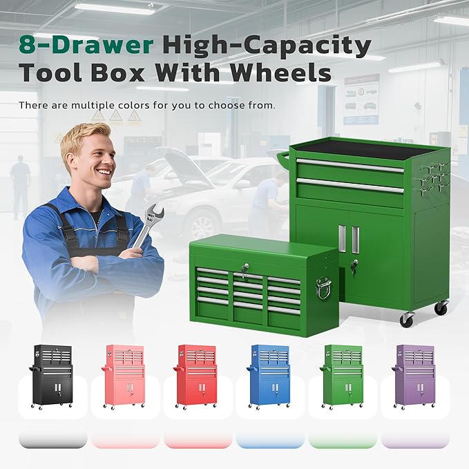 Greenvelly Tool Chest, 8-Drawer Rolling Tool Chest with Hooks and Lockable Wheels,Metal Storage Detachable Top Tool Box with Lockable Wheels for Garage,Workshop,Art Studio(Green)