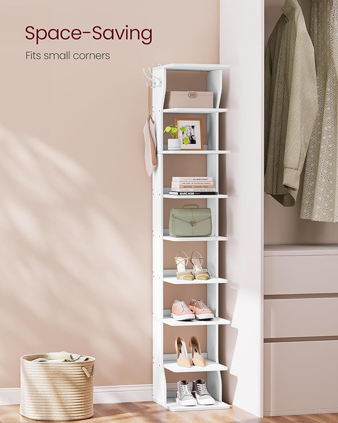 VASAGLE 9-Tier Vertical Shoe Rack, Narrow Shoe Storage Organizer with Hooks, Slim Corner Tower Shelf, Space-Saving for Entryway and Bedroom, White ULBS210WB01