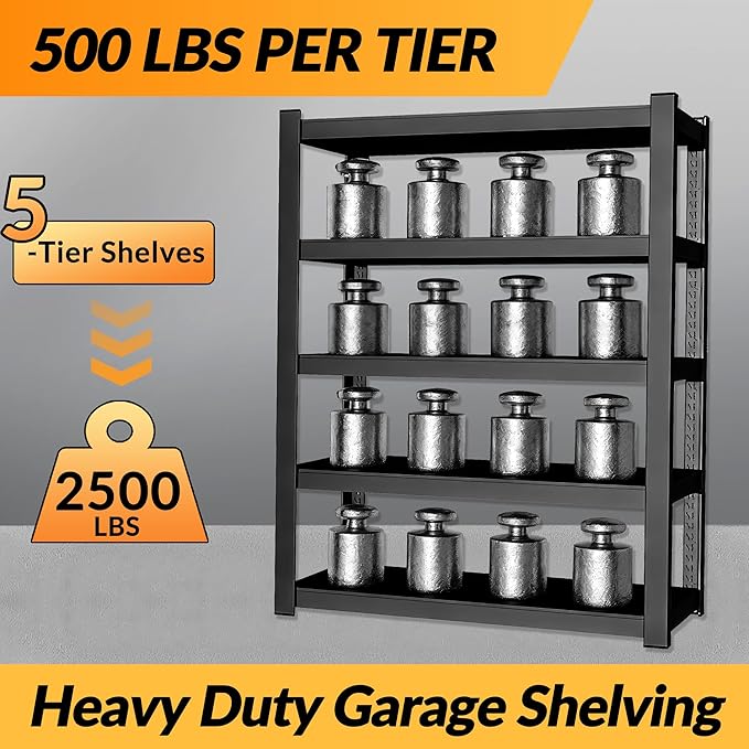 BESFUR 71" H Wider Garage Shelving, 3000LBS 5-Tier Heavy Duty Storage Shelves, Metal Shelving Unit and Large Adjustable Storage Rack, for Warehouse Shop Garage Pantry Industrial, 20"*48"*71"