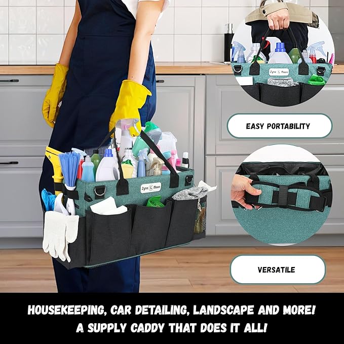 Wearable Cleaning Caddy – Portable Detailing Organizer with Spill-Proof Liner, Straps & Handles – Large Tote for Cleaning Pros, Auto Detailers, and Housekeepers – Green/Gray