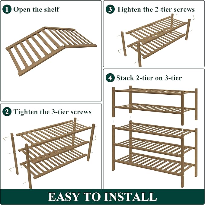 Smiry Bamboo Shoe Rack for Closet, 5 Tier Wooden Stackable Shoe Organizer, Free Standing Shoes Storage Shelf for Entryway, Front Door Entrance, Walnut