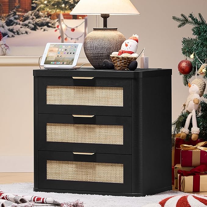 LEYAOYAO Rattan Night Stand Set of 2 with Charger Station, 23" Large 3 Drawer Boho Nightstand, Black Bedside Table Storage Cabinet, Bed Side End Tables for Bedroom, Living Room, Hallway